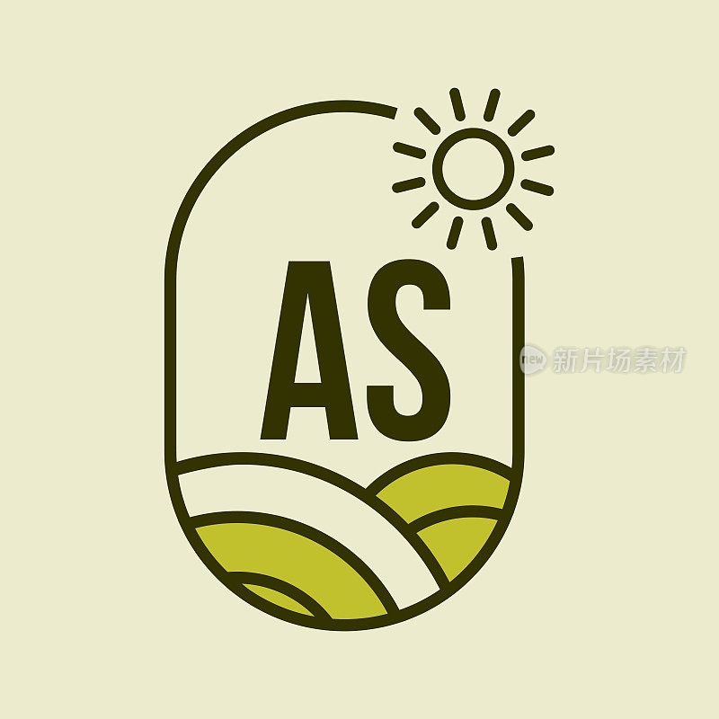 作为徽章模板的字母上的农业标志。字母AS Agro Farm, Agribusiness, Eco-farm标志